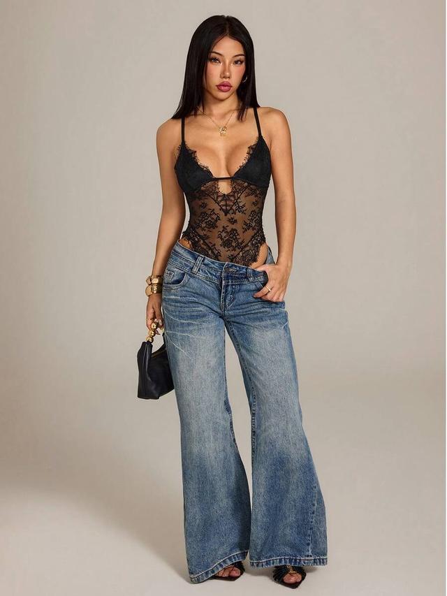black floral lace trimmed see-through bodysuit