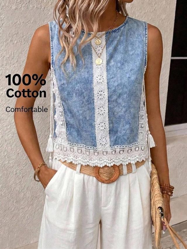 acid wash denim sleeveless top with lace trim