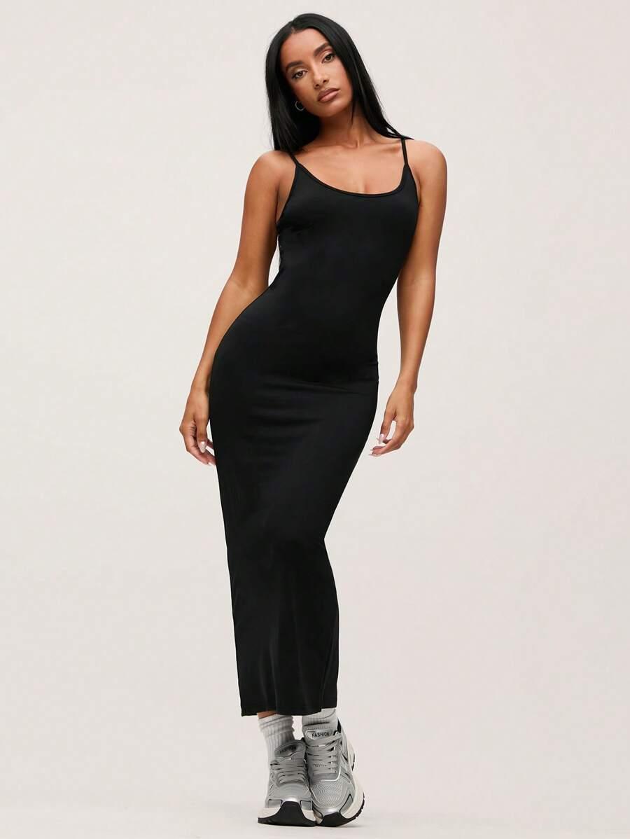 solid black cami bodycon midi dress