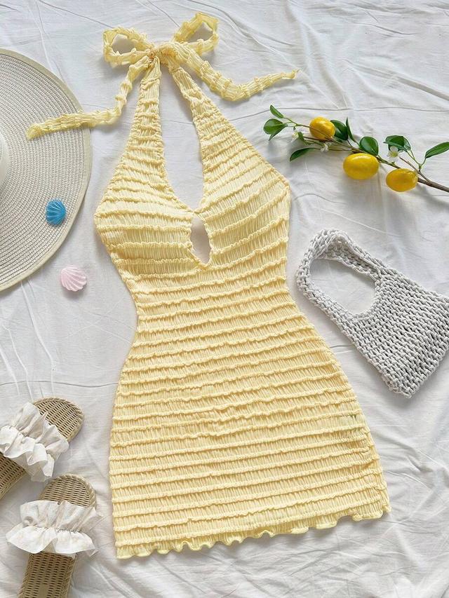yellow knitted striped halter backless mini dress