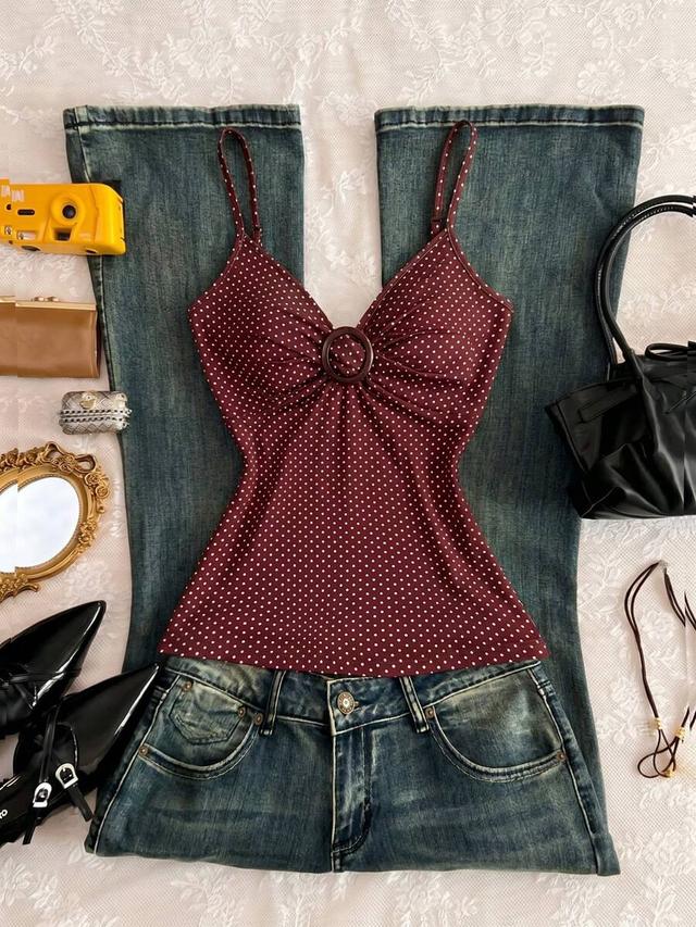 maroon polka dot casual tank top
