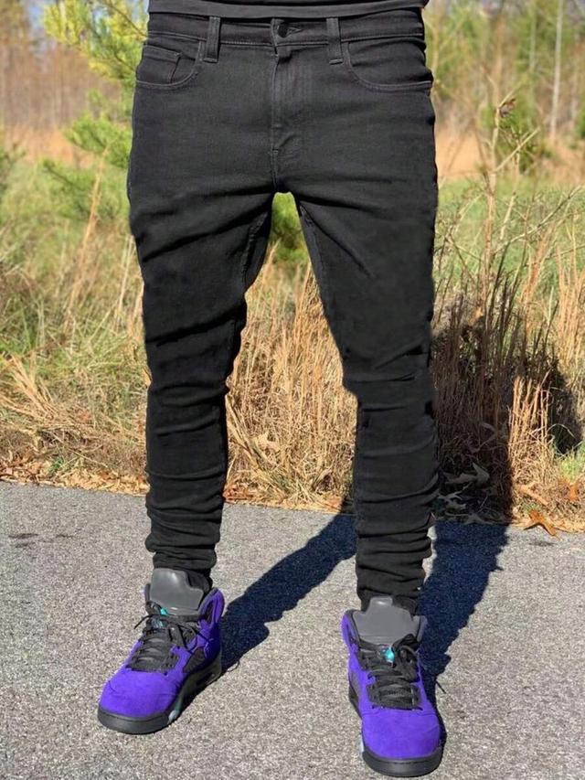 men's black elastic skinny fit distressed jeans