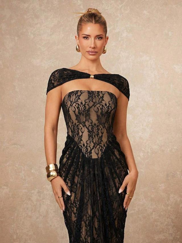 black floral lace bustier metallic mesh draped mermaid dress