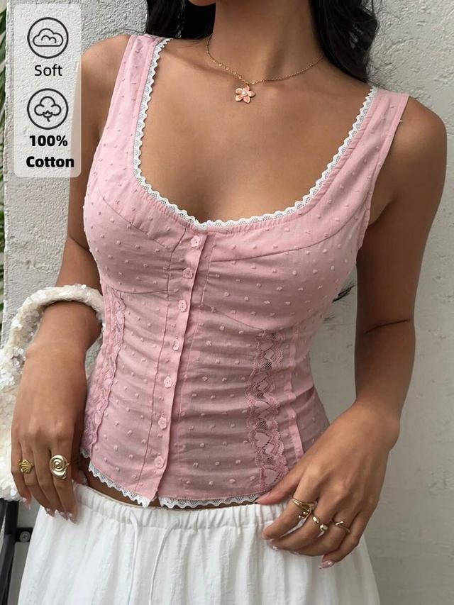 pink swiss dot lace patchwork scoop neck tank top
