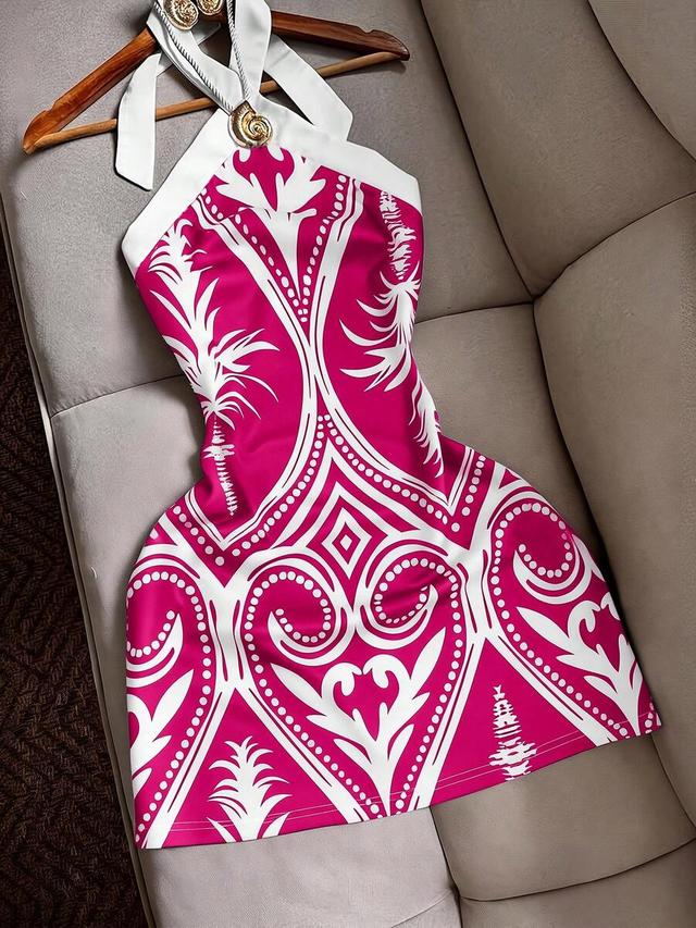 fitted halter neck printed mini dress