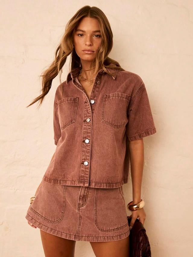 brown pigment dyed denim short sleeve button up shirt