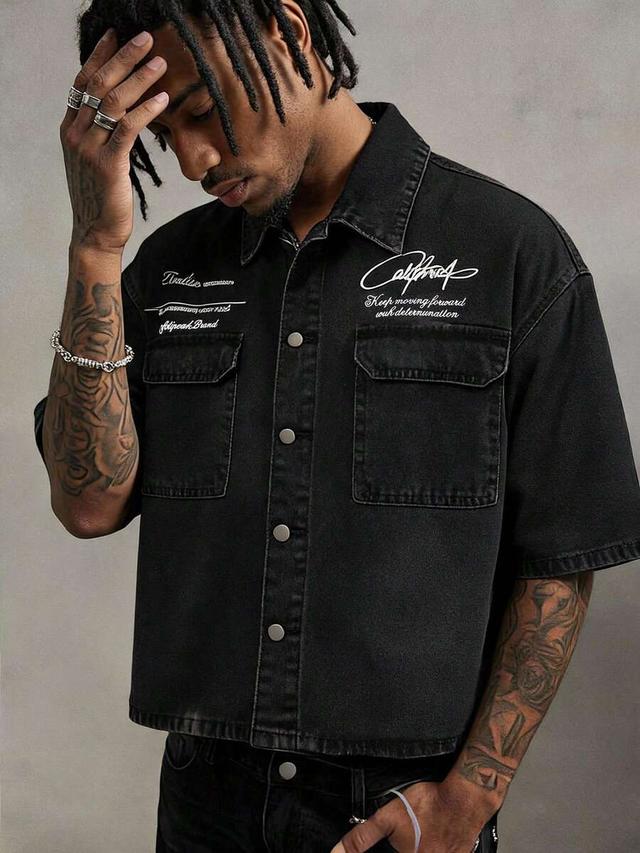 black letter print short sleeve denim shirt
