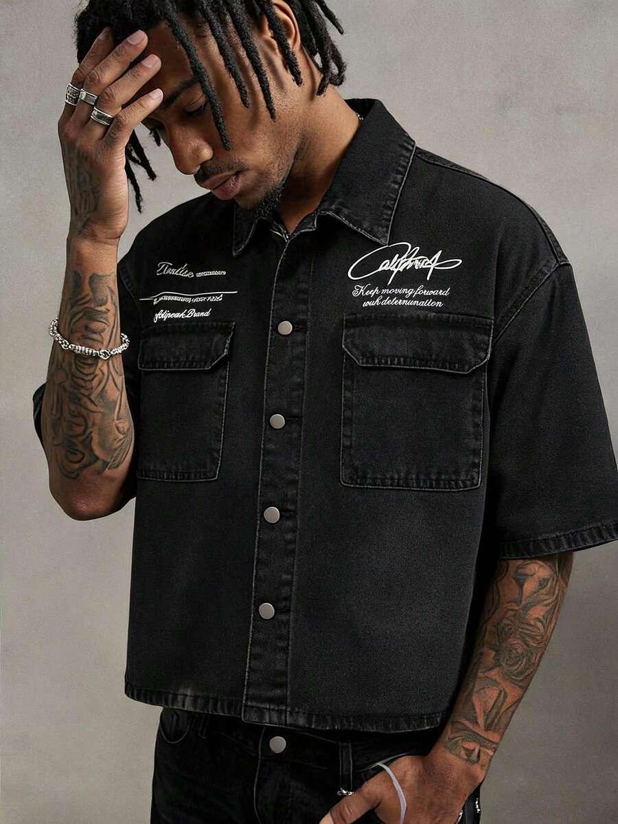 black letter print short sleeve denim shirt