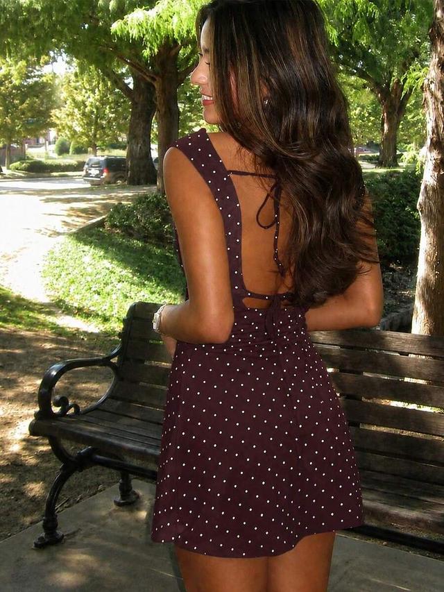 maroon polka dot open back mini dress