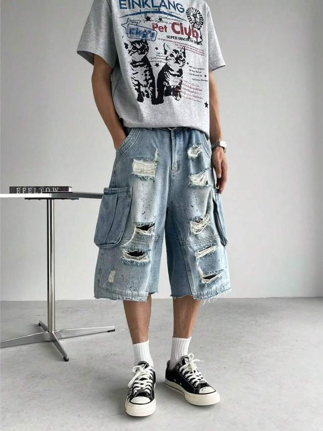 distressed light wash denim cargo shorts