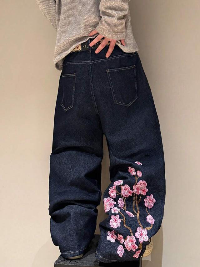 casual chic peach blossom embroidery loose wide-leg jeans