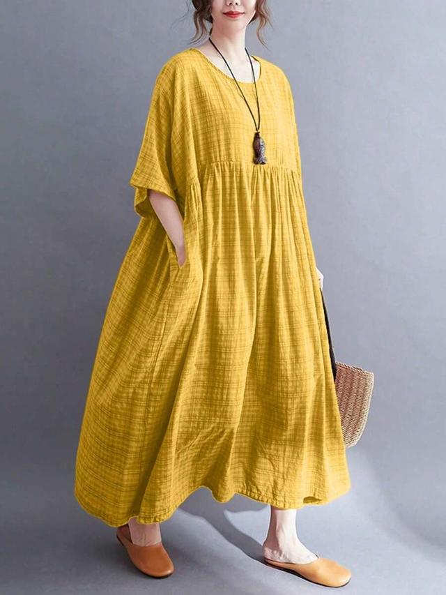 yellow plaid bohemian a-line cotton dress
