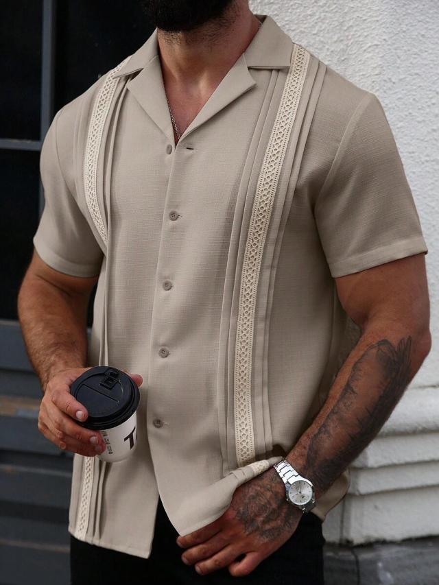 khaki jacquard linen-like pleated cuban shirt