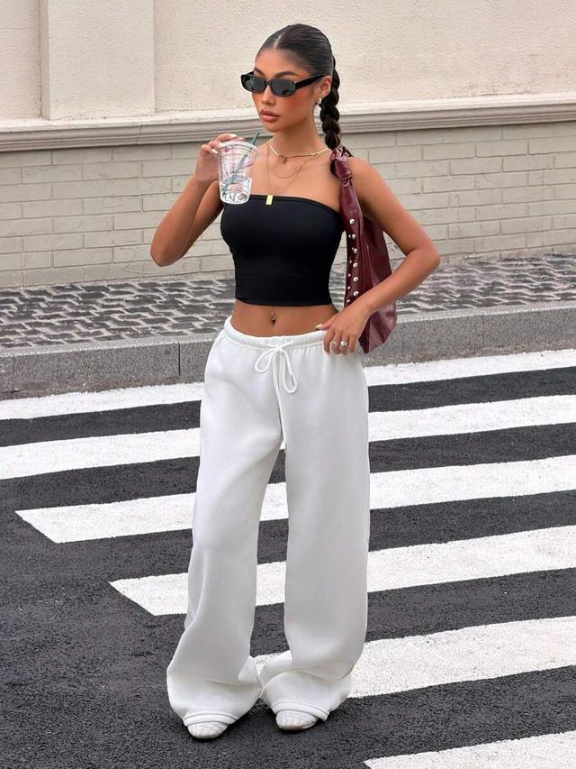 white casual loose front tie sweatpants
