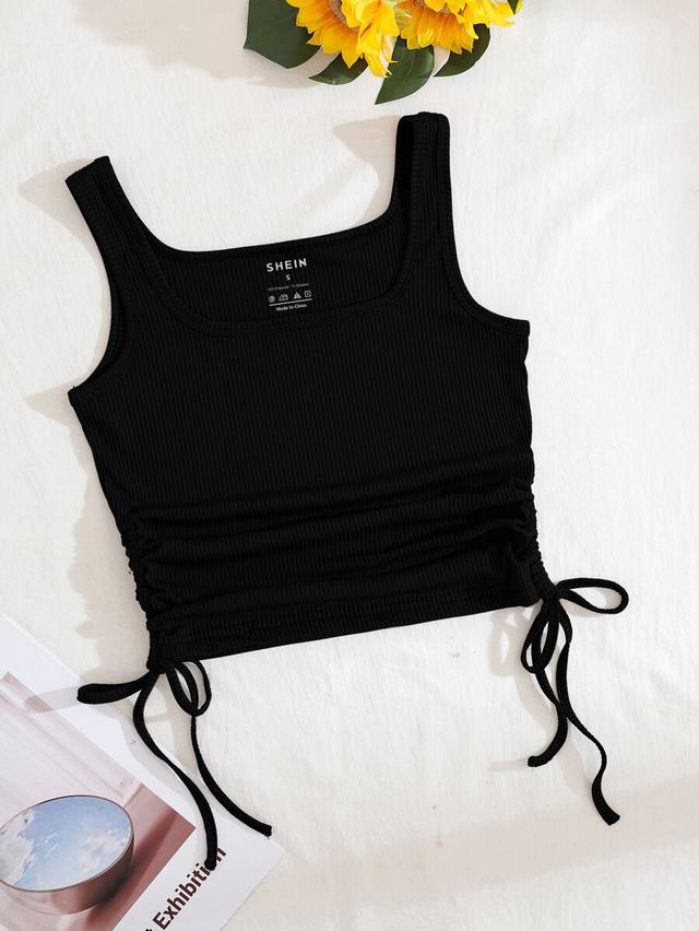 black ribbed drawstring side crop tank top