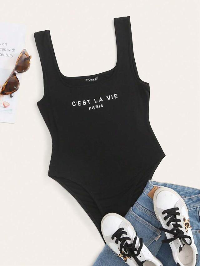 black slogan graphic square neck tank bodysuit