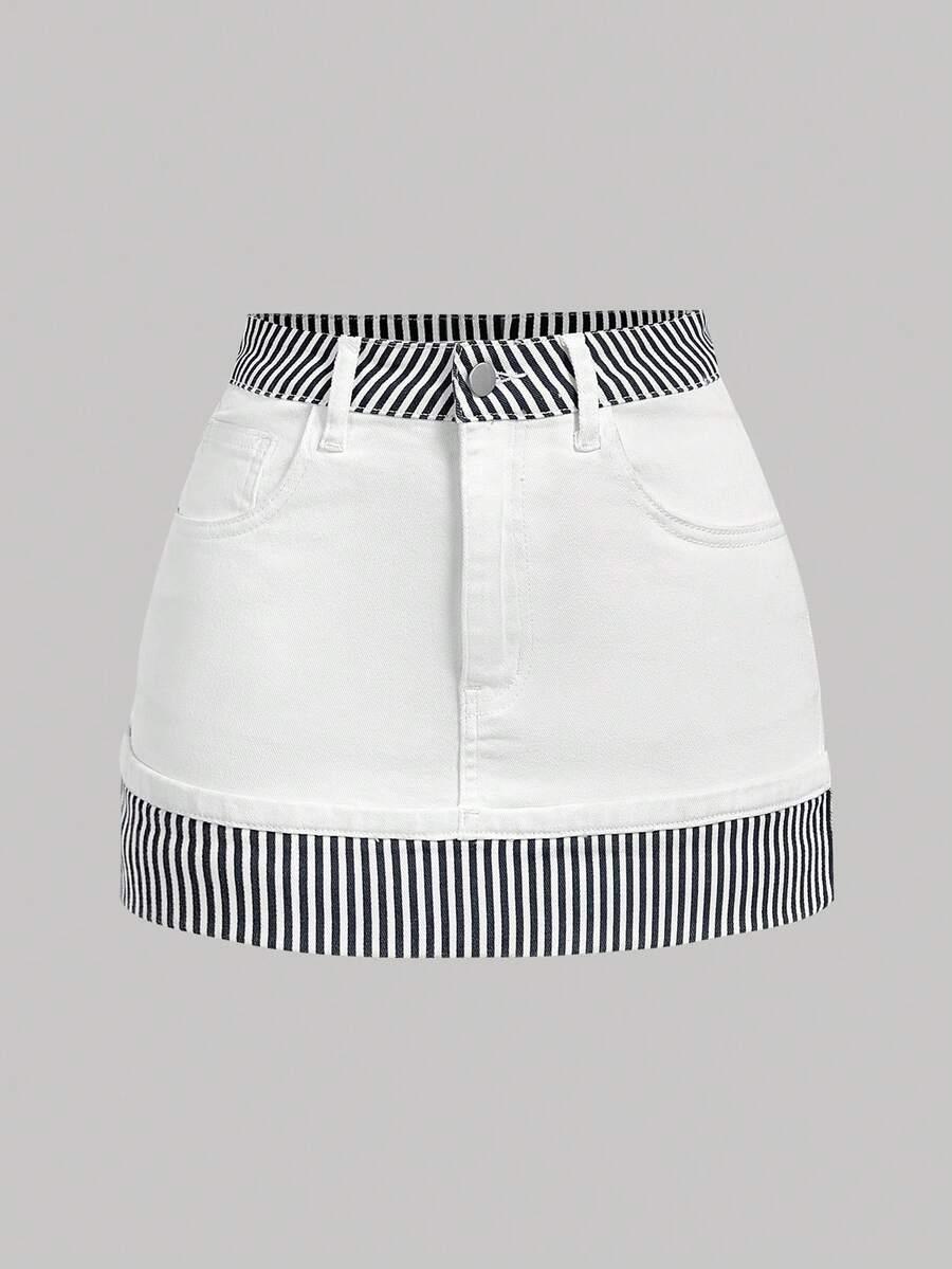 white denim mini skirt with striped waistband and hem