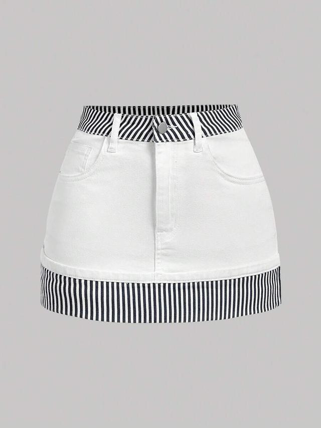 white denim mini skirt with striped waistband and hem