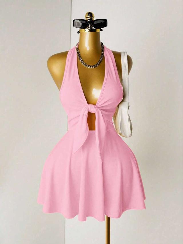 mistrie solid color halter backless twist front dress