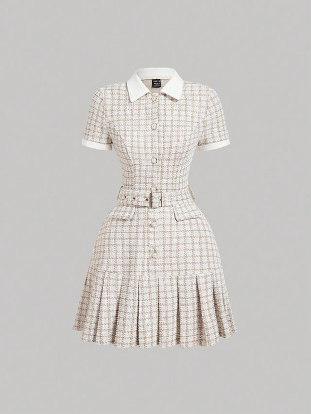 vintage plaid tweed pleated short sleeve dress