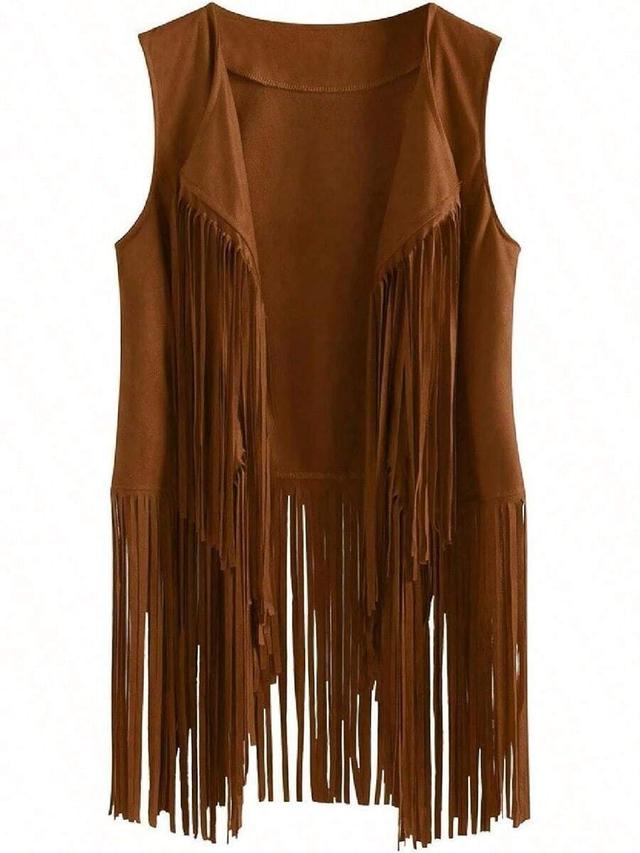 brown womens vintage western suede leather fringe vest