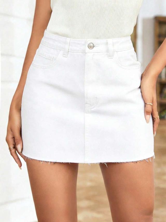 white denim mini skirt with raw hem
