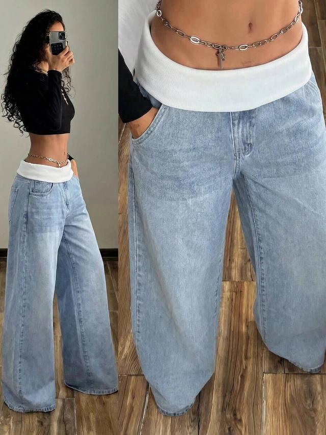 light wash colorblock waist fold wide leg denim jeans