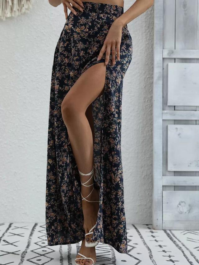 breezaya high waist floral print slit skirt