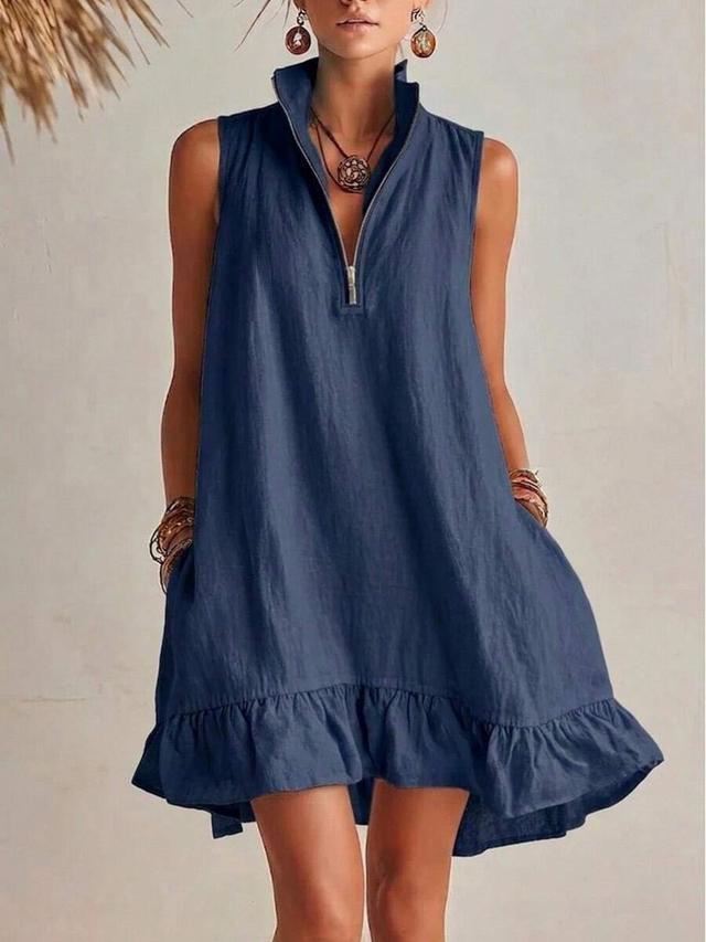 blue linen-blend sleeveless mini dress with half-zip ruffle hem