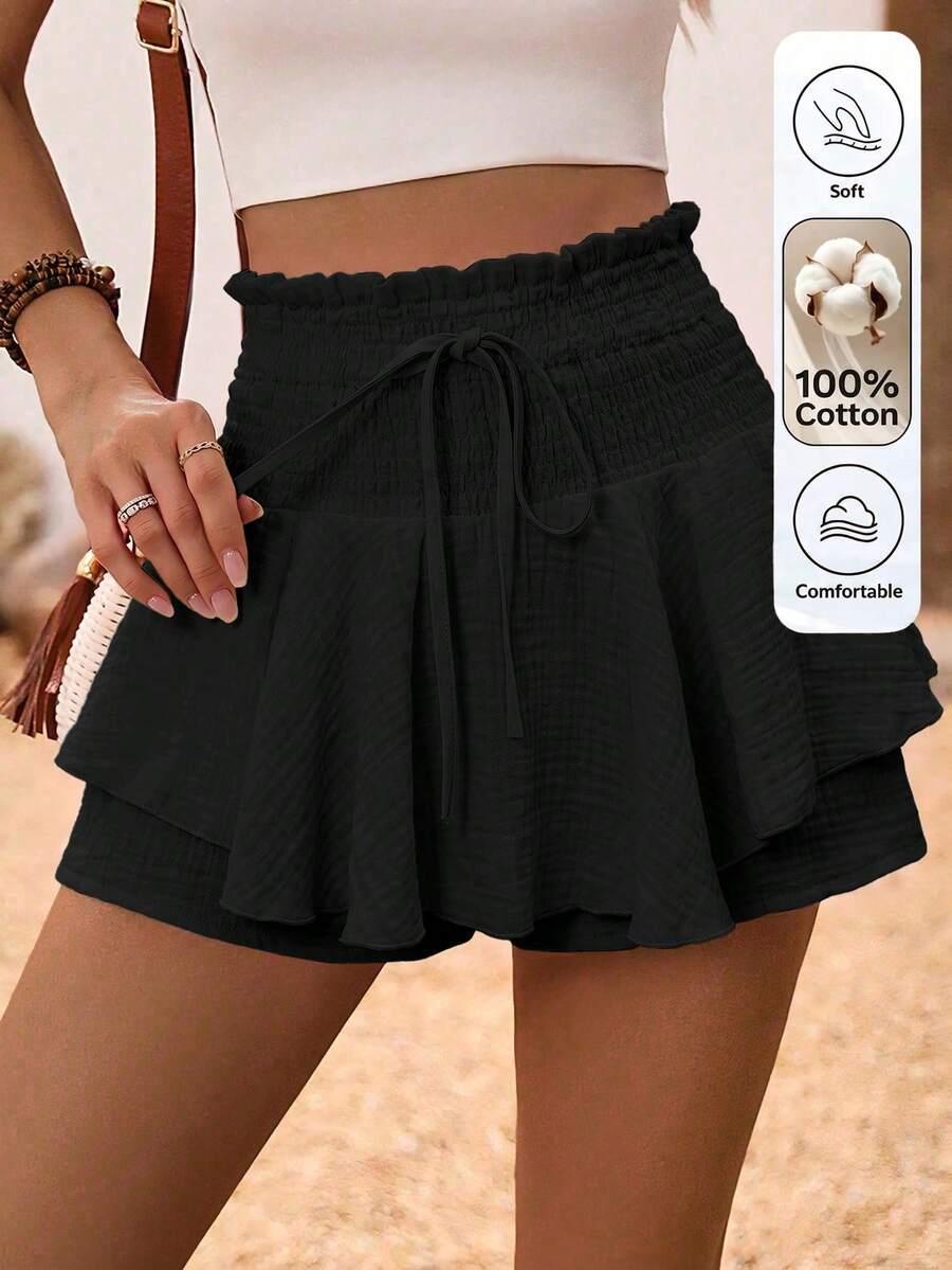textured cotton skort with gathered waist and hem design