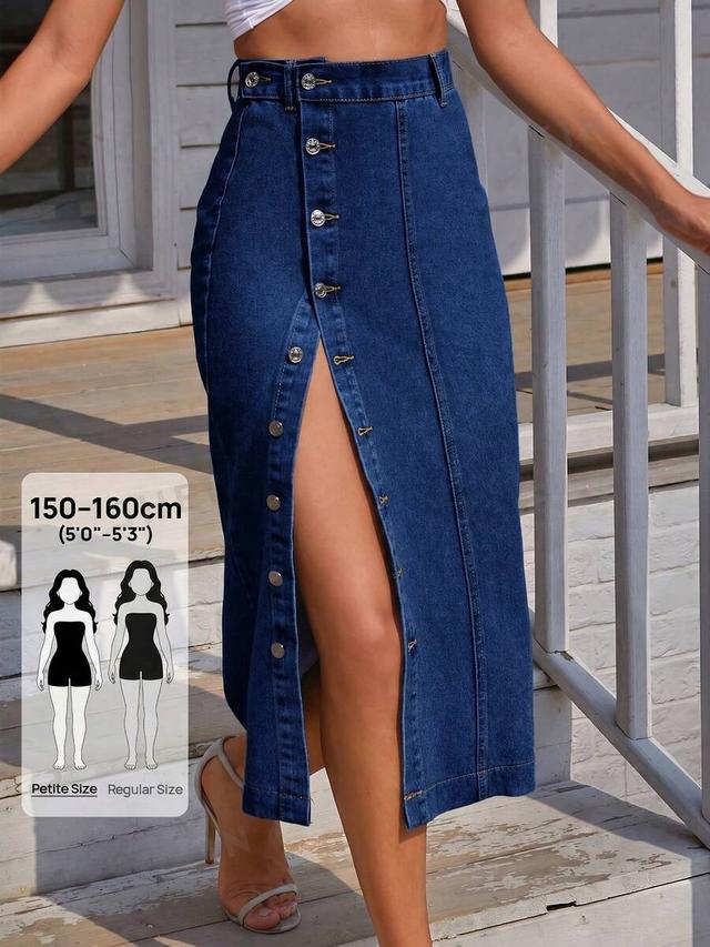 navy blue front button denim midi skirt