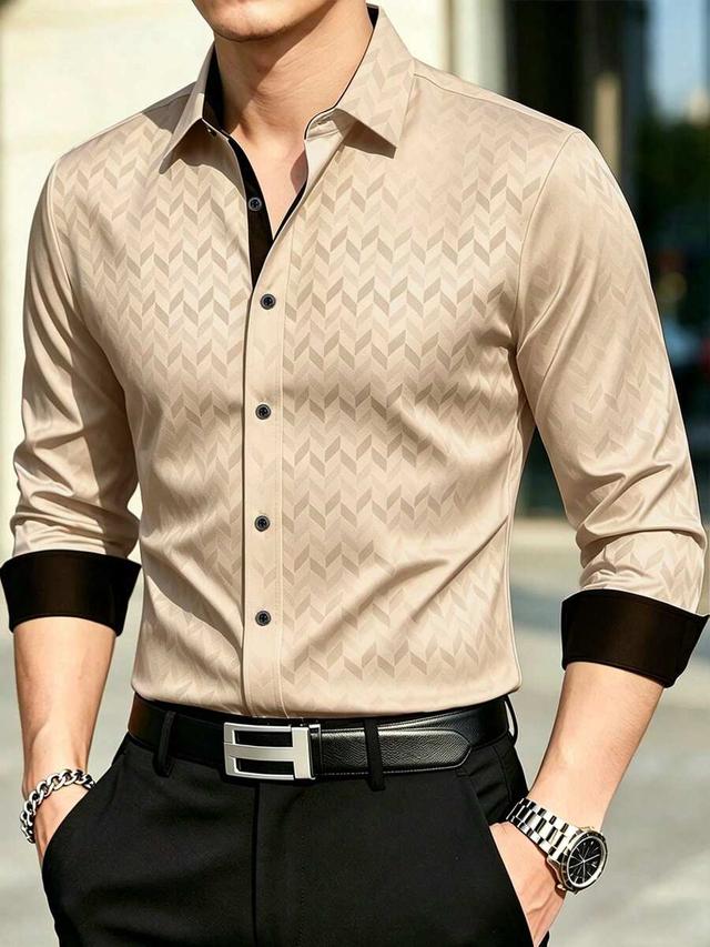 geometric diamond-textured khaki long sleeve button-up shirt