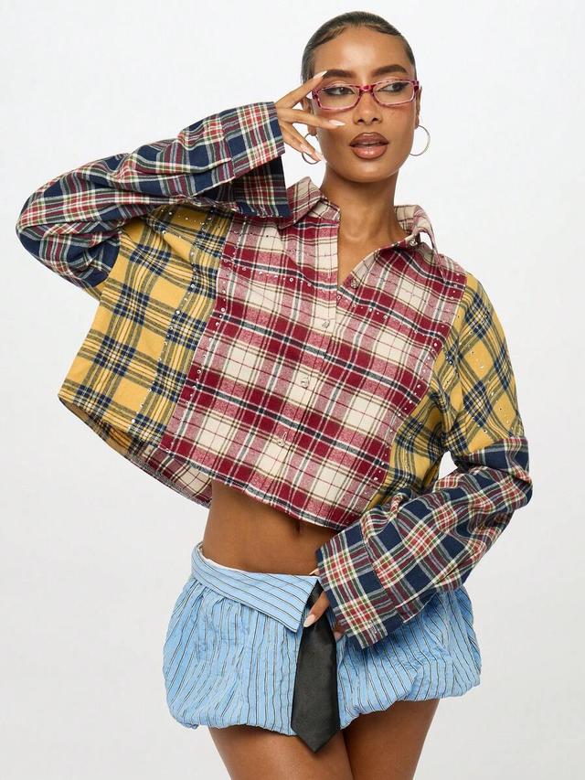 navy plaid plaid patchwork oversized short button-up shirt with diamond details