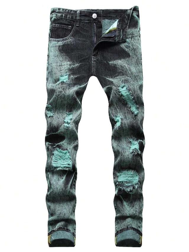 ripped slim straight fit acid wash denim jeans
