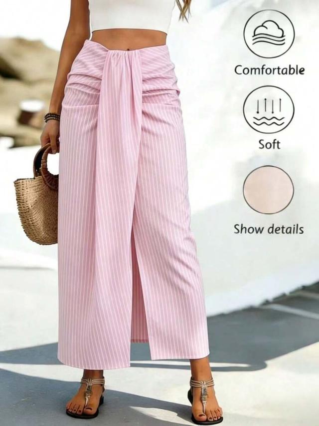 pink and white striped ruched wrap around skirt