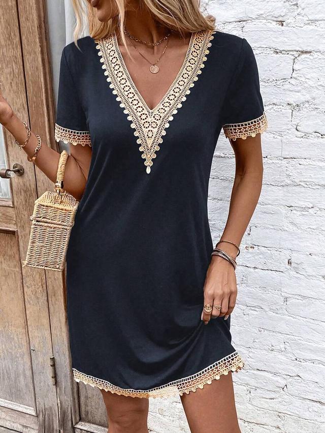 elouméa women's v-neck contrast lace short sleeve casual dress