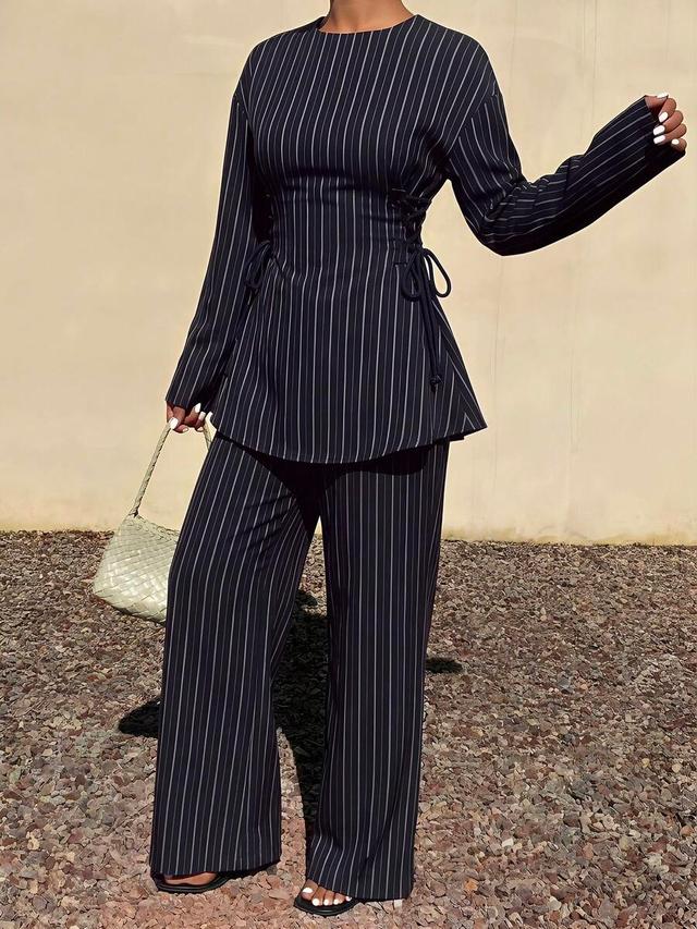 women's pinstriped round neck long sleeve top