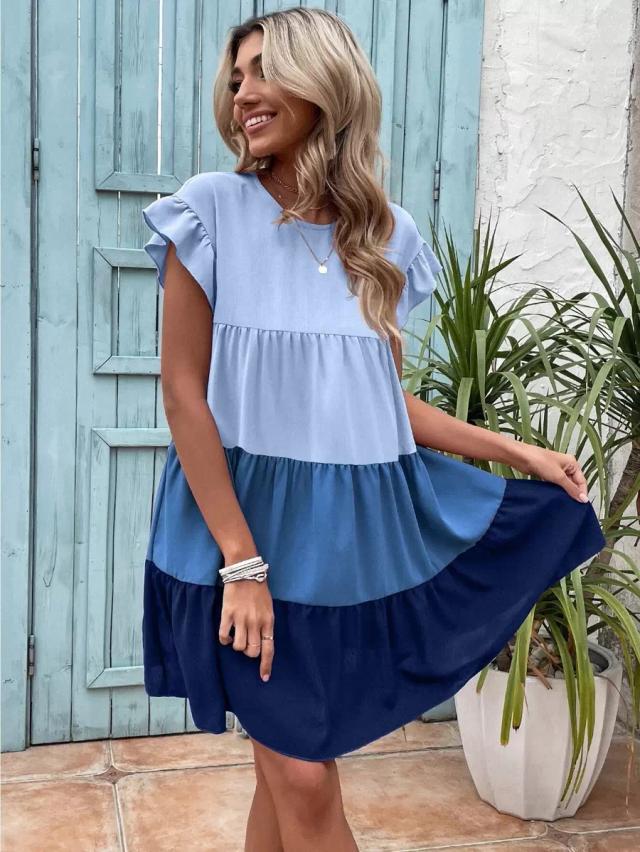 medium blue tiered ruffle sleeve cotton shift dress