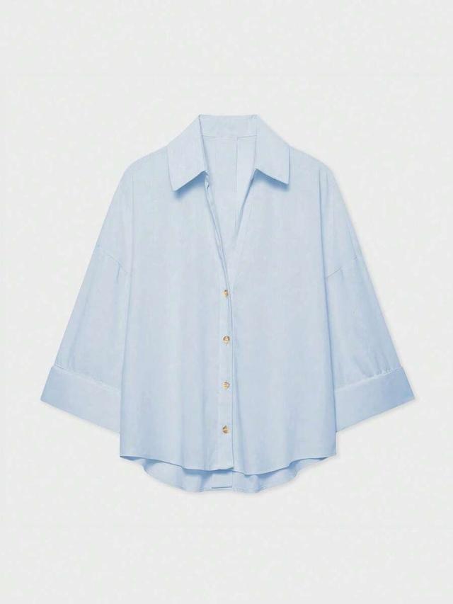 sky blue casual turndown collar wide sleeve shirt