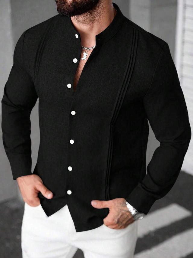 black solid long sleeve pleated mandarin collar shirt