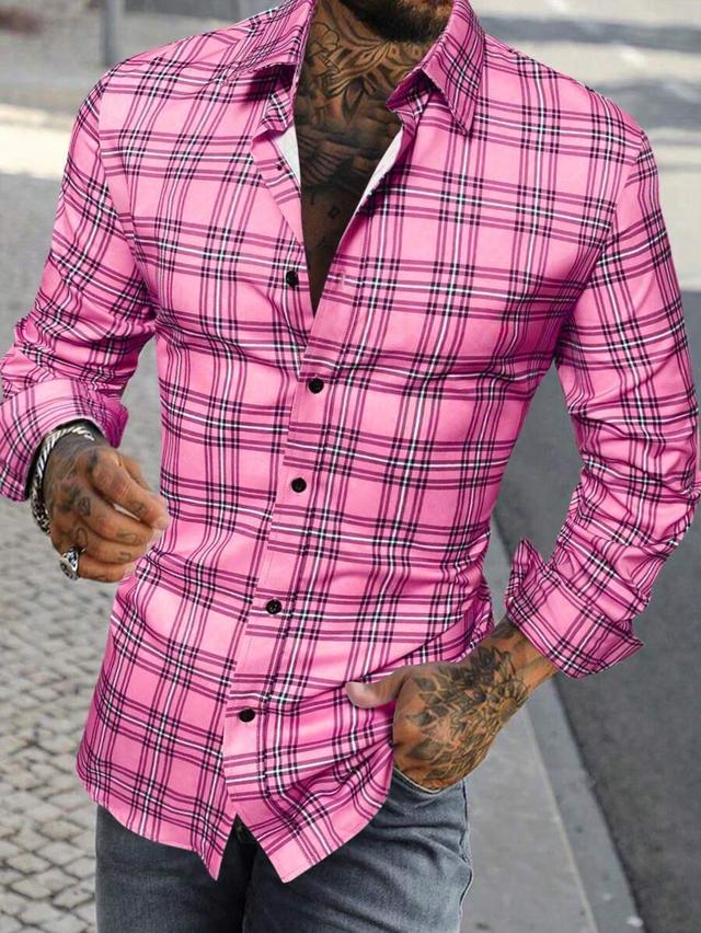 pink plaid print long sleeve formal shirt