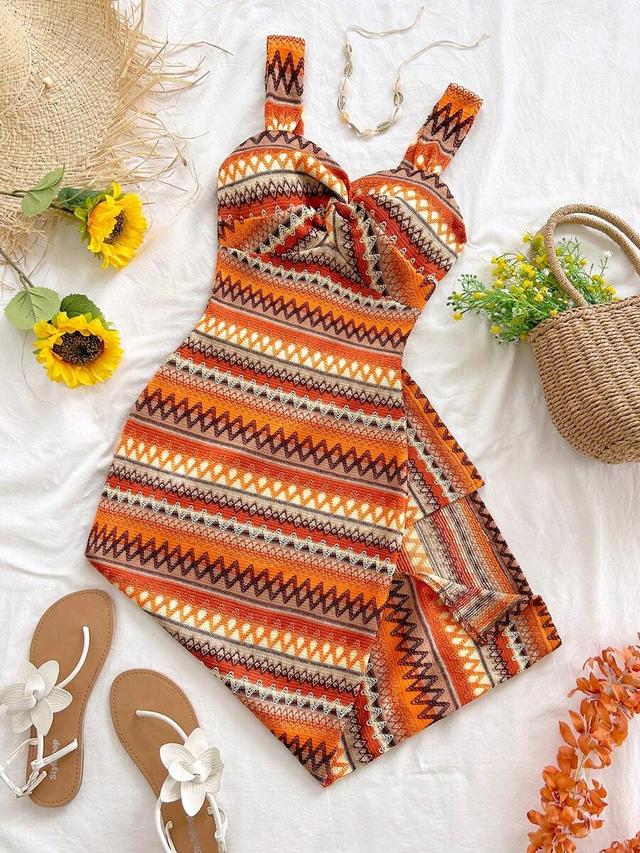 orange geometric print twist front mini dress