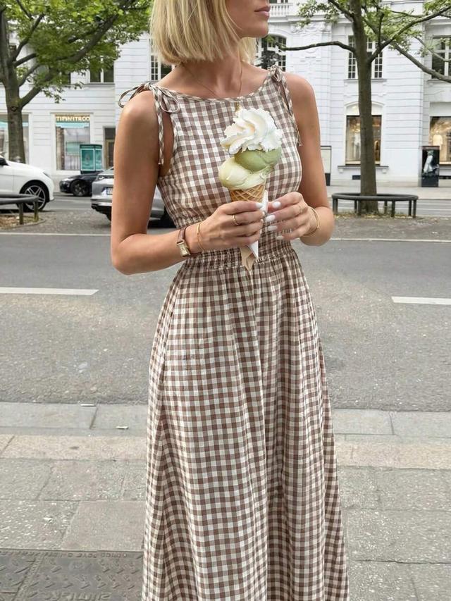 brown plaid long dress with tie-up shoulder straps