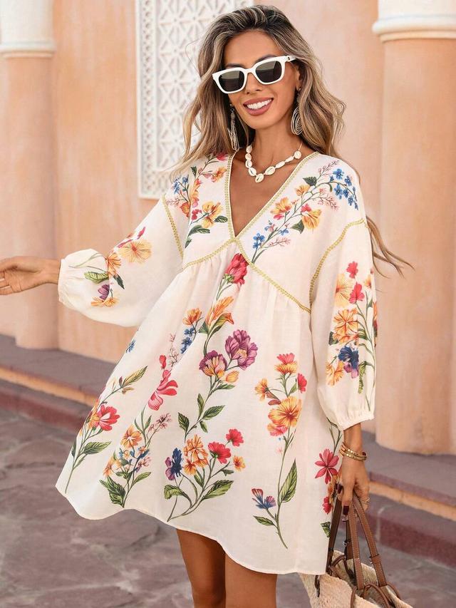 white floral v-neck boho mid-length dress with ribbon trim