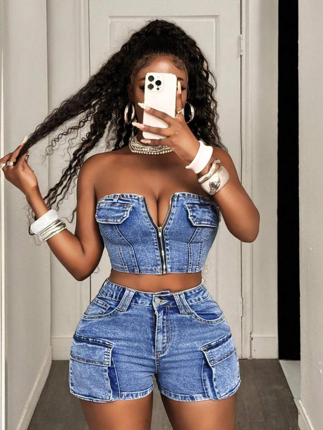 slaydiva women's zip front cropped bustier denim top