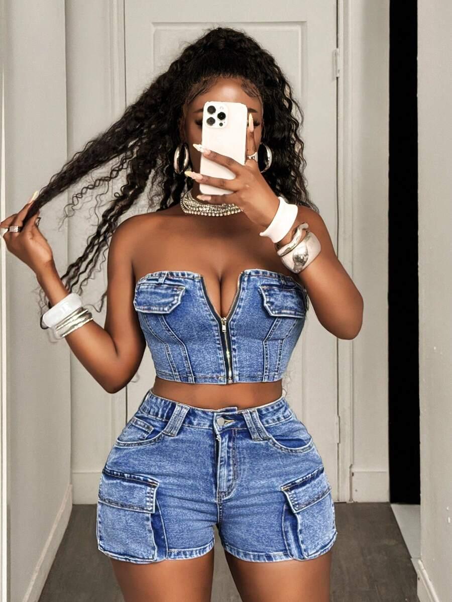slaydiva women's zip front cropped bustier denim top