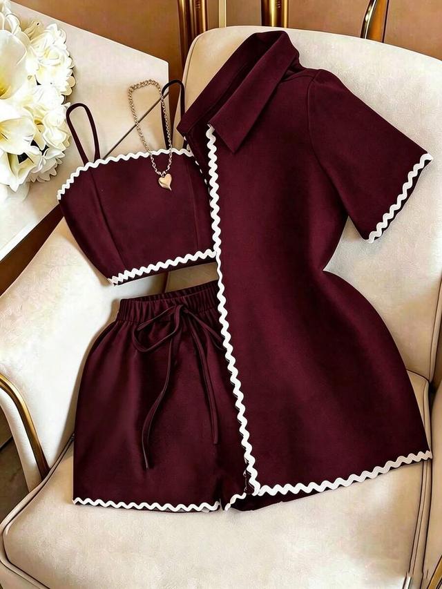 burgundy tank top with shorts and matching shirt