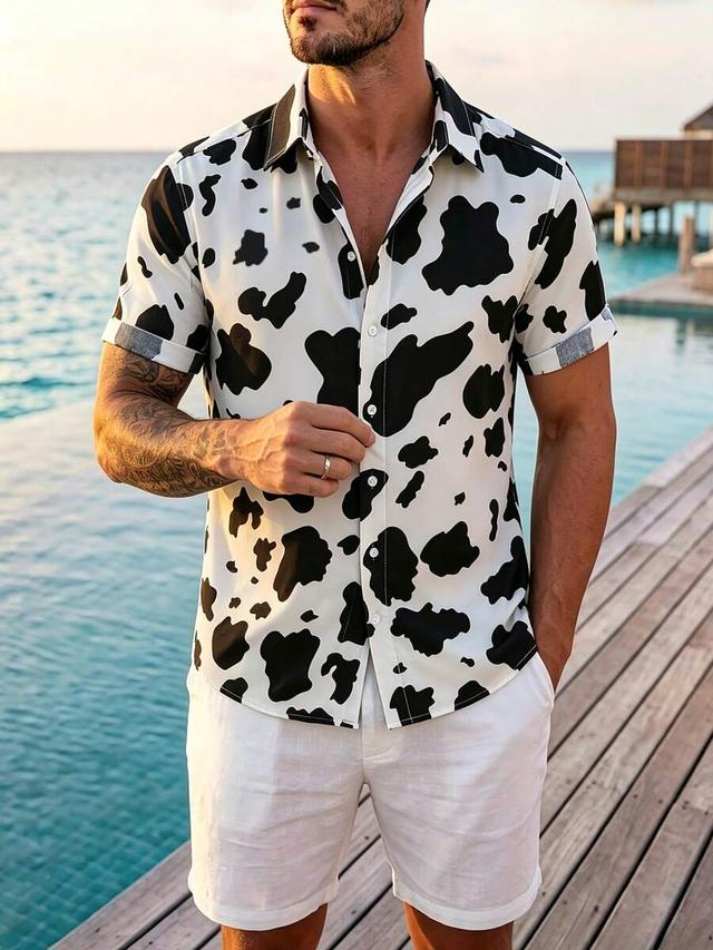 cow print black and white short sleeve shirt