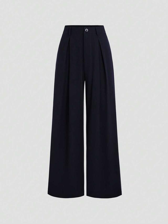 vintage elegant navy jacquard pleated wide leg trousers