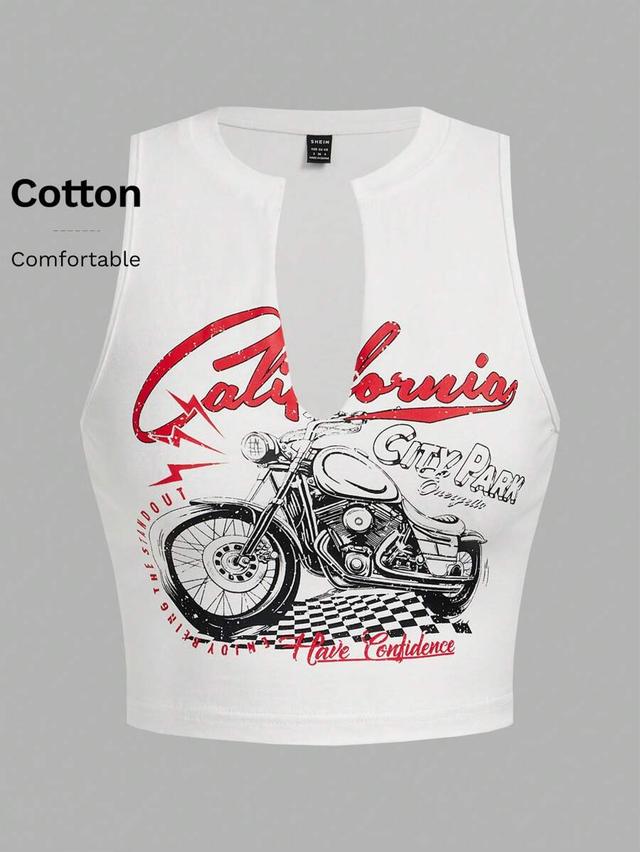 white motorcycle graphic print notched collar tank top